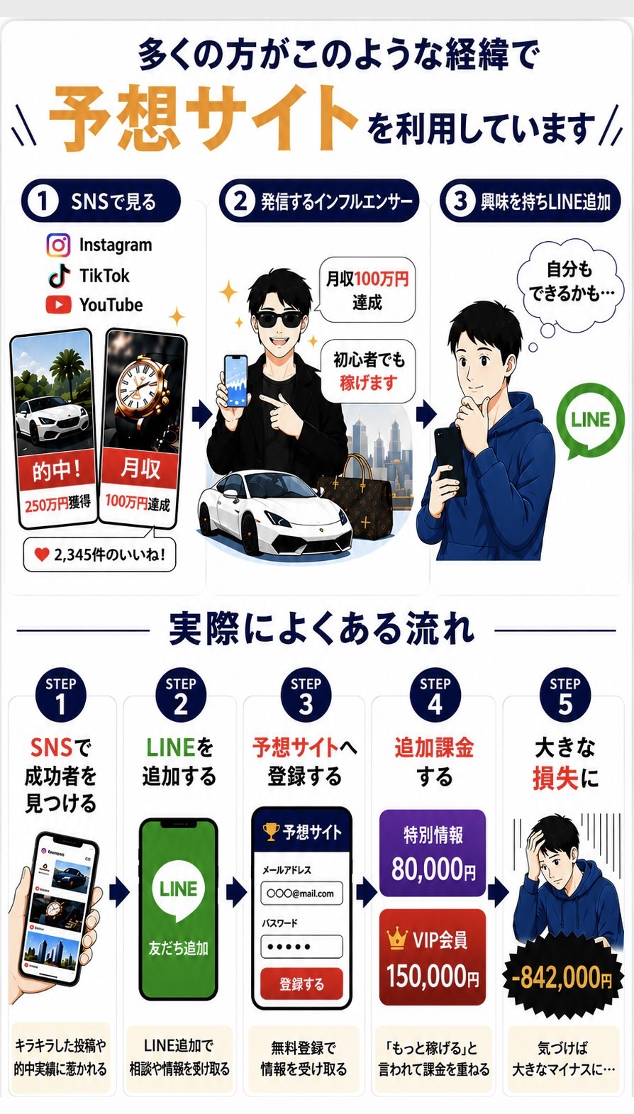 多くの方がこのような経緯で予想サイトを利用しています。SNSで成功者を見つけ、インフルエンサーに勧められてLINEを追加。予想サイトへ登録し追加課金…と大きな損失に。こんな経験はありませんか？