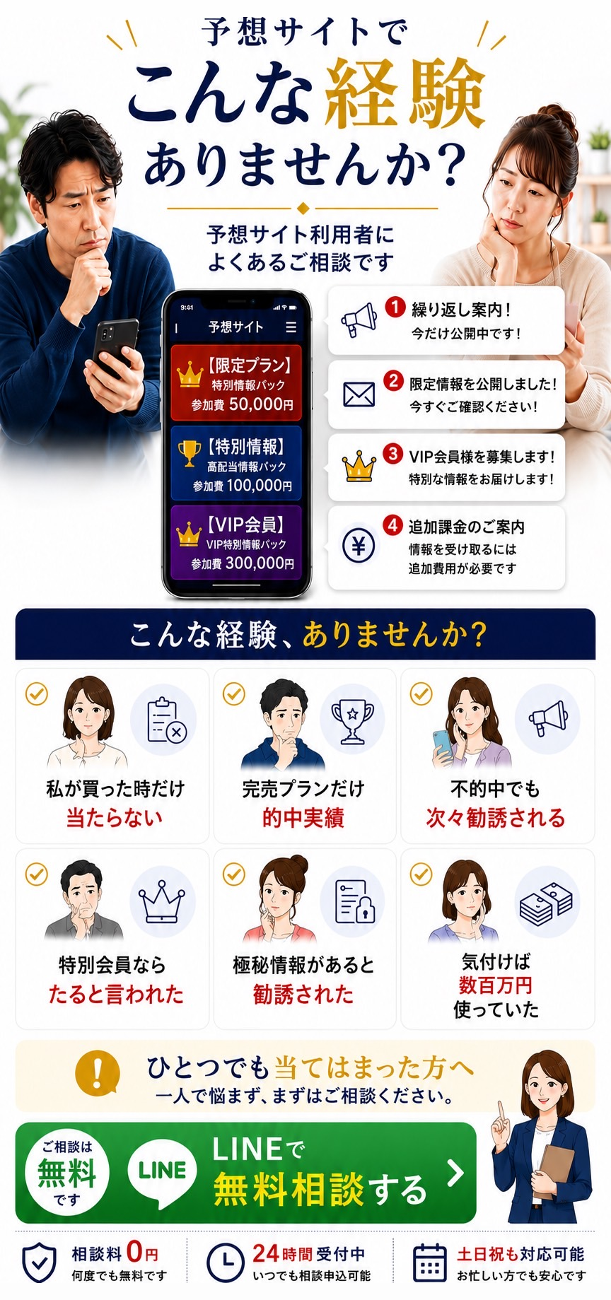予想サイトでこんな経験ありませんか？参加したプランだけ当たらない／完売プランだけ的中実績／不的中でも次々勧誘／特別会員なら当たると言われた／極秘情報があると勧誘された／気付けば数百万円使っていた。ひとつでも当てはまった方へ、一人で悩まず、まずはご相談ください。